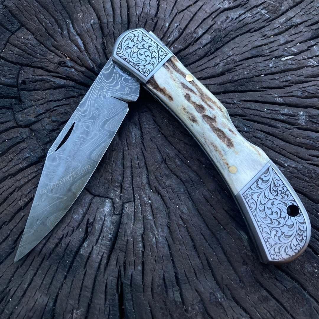 Katlanır Model Damascus Çelik Geyik Boynuzu Sap 22 CM