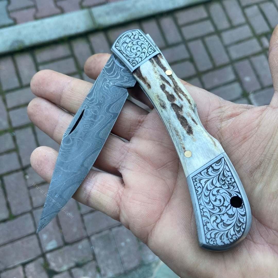 Katlanır Model Damascus Çelik Geyik Boynuzu Sap 22 CM