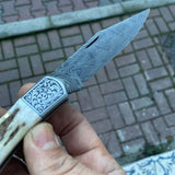 Katlanır Model Damascus Çelik Geyik Boynuzu Sap 22 CM