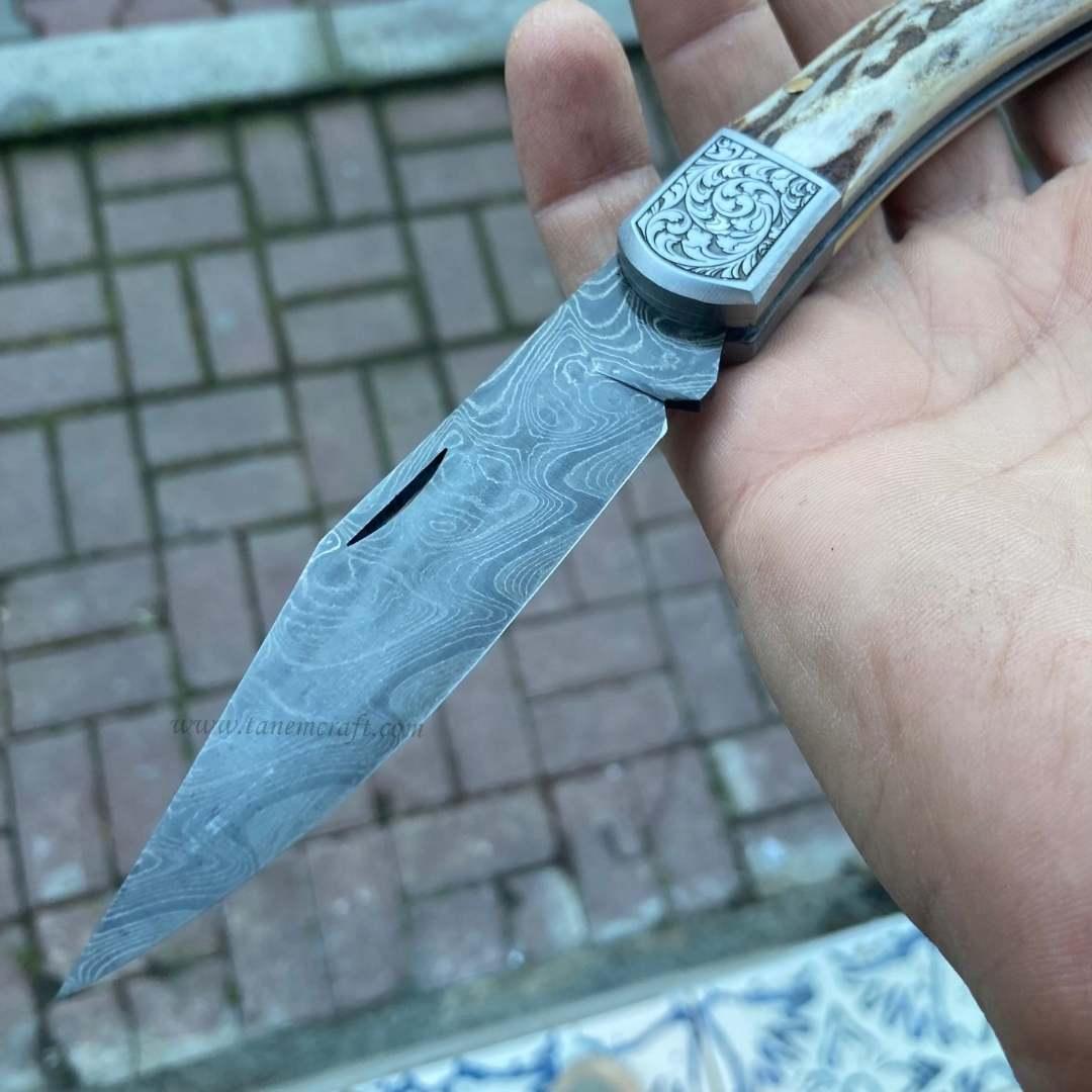 Katlanır Model Damascus Çelik Geyik Boynuzu Sap 22 CM