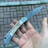 Katlanır Model Damascus Çelik Geyik Boynuzu Sap 22 CM
