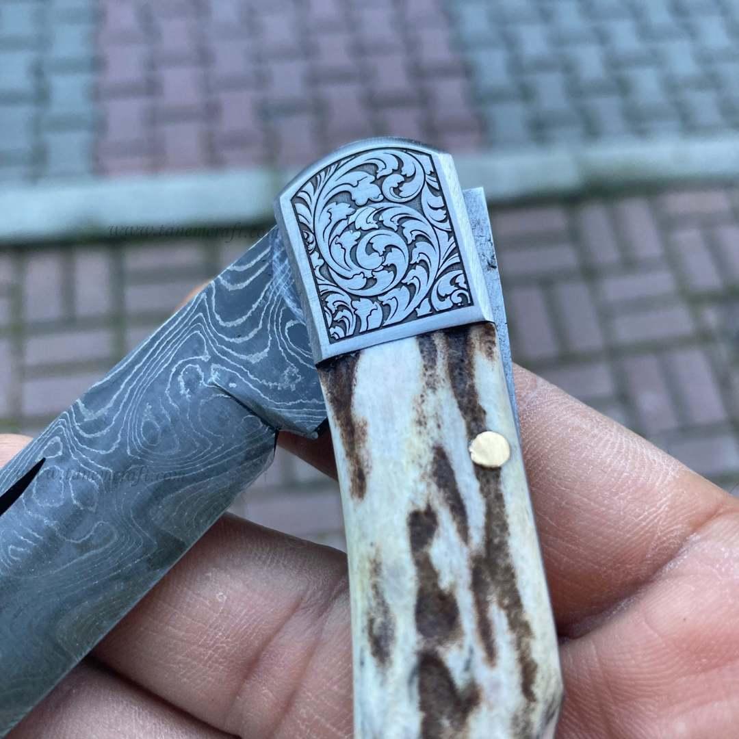Katlanır Model Damascus Çelik Geyik Boynuzu Sap 22 CM