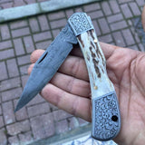 Katlanır Model Damascus Çelik Geyik Boynuzu Sap 22 CM