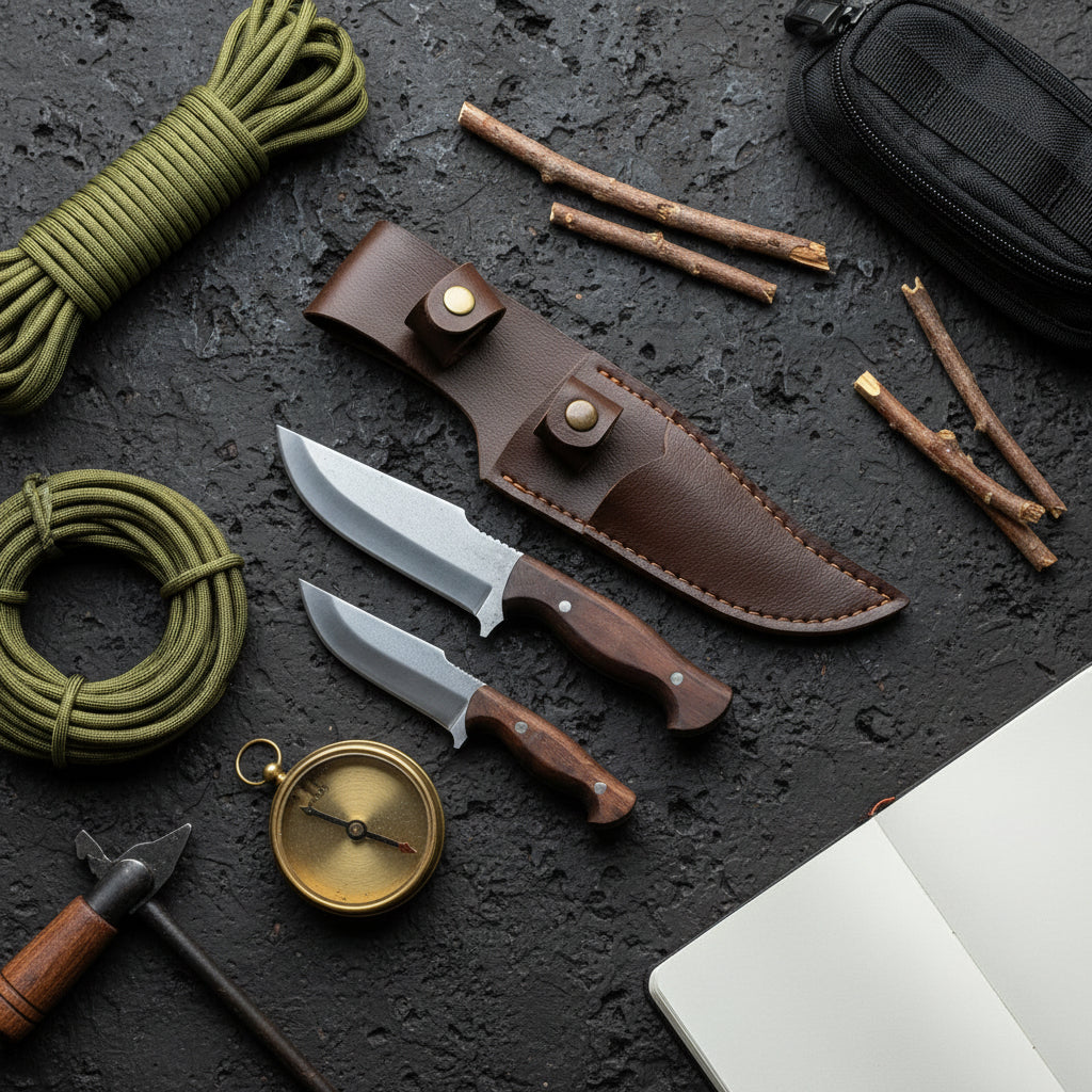 Baba Oğul Av Bıçağı Seti – Ceviz Ağacı Sap El Yapımı Outdoor Set