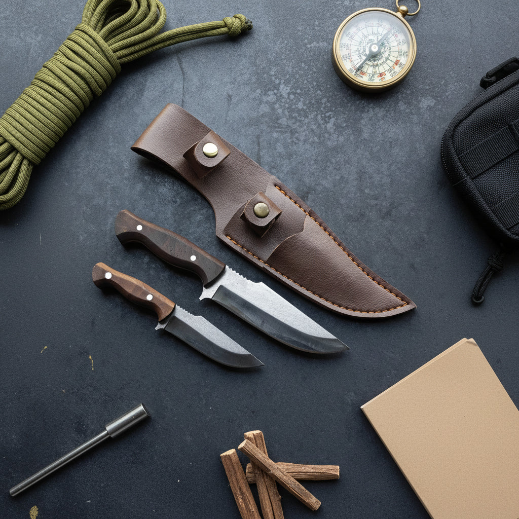 Baba Oğul Av Bıçağı Seti – Ceviz Ağacı Sap El Yapımı Outdoor Set