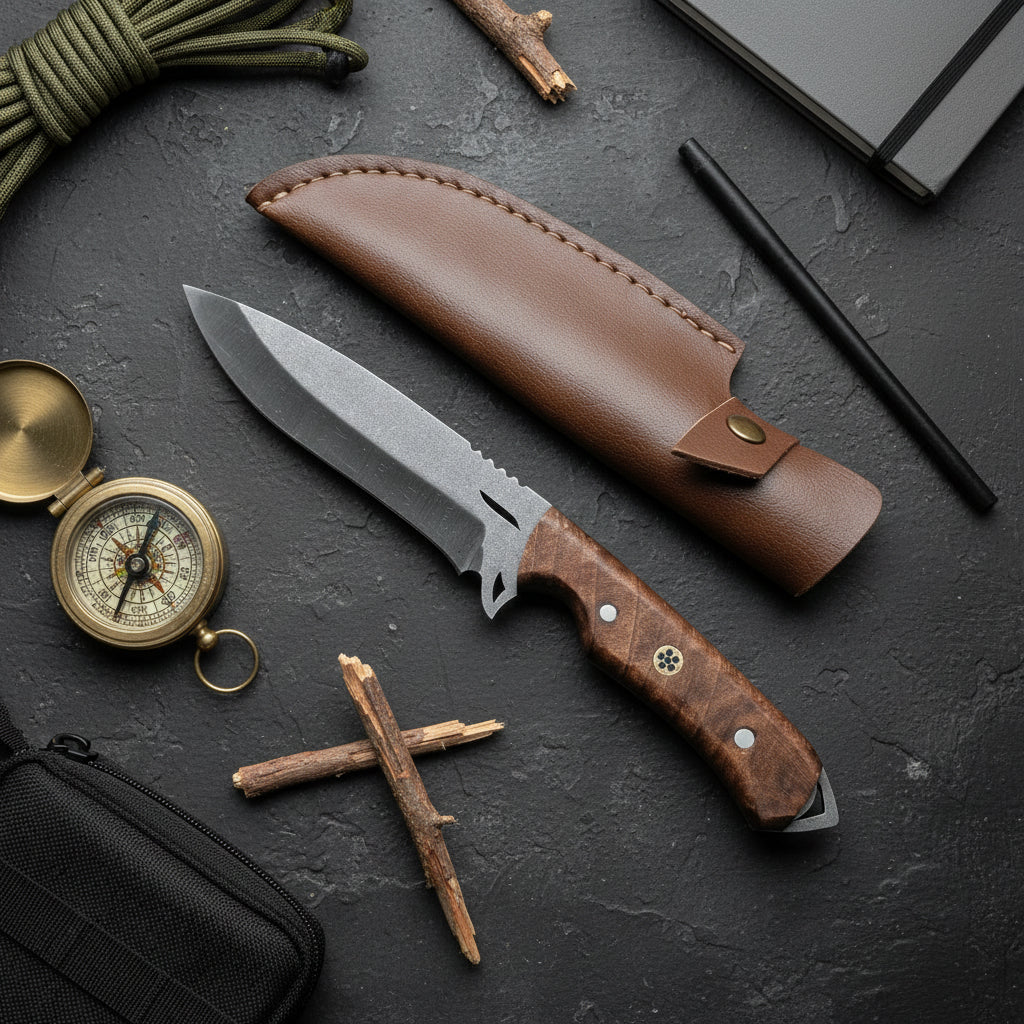 El Yapımı Bushcraft Kamp Bıçağı – 25 cm Ceviz Sap Outdoor Bıçak
