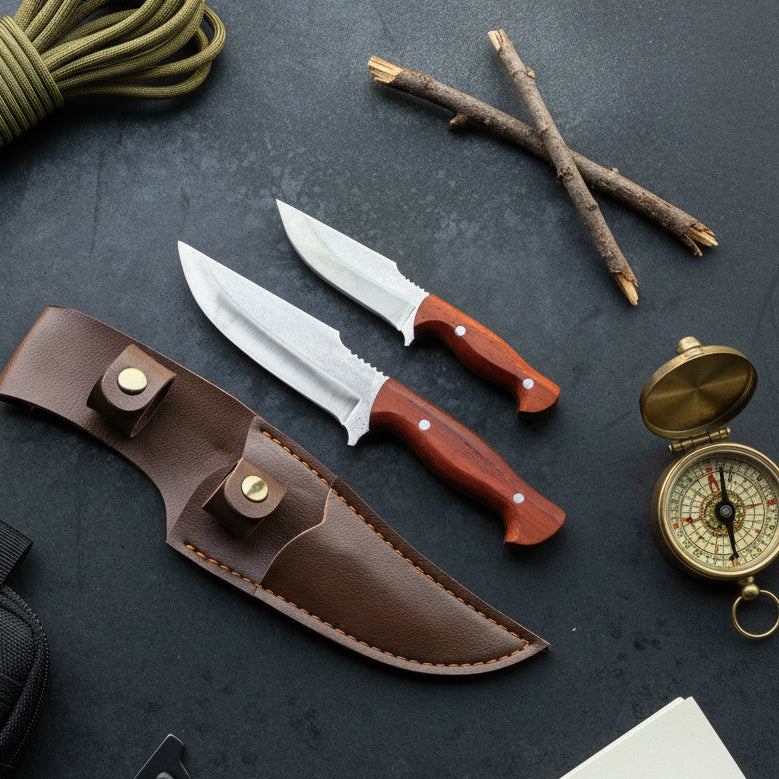 Babalı Oğul Av Bıçağı Seti – Paduk Ağacı Sap El Yapımı Outdoor Set