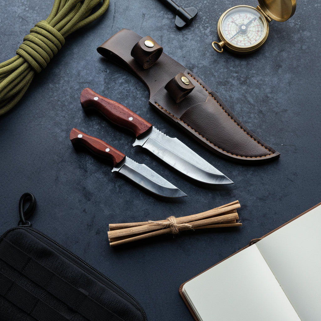 Babalı Oğul Av Bıçağı Seti – Paduk Ağacı Sap El Yapımı Outdoor Set