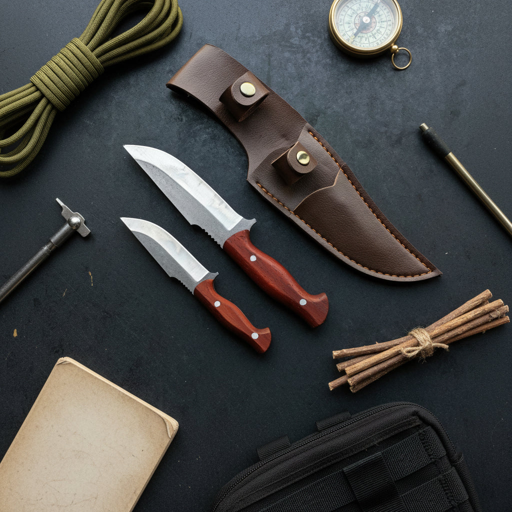 Babalı Oğul Av Bıçağı Seti – Paduk Ağacı Sap El Yapımı Outdoor Set